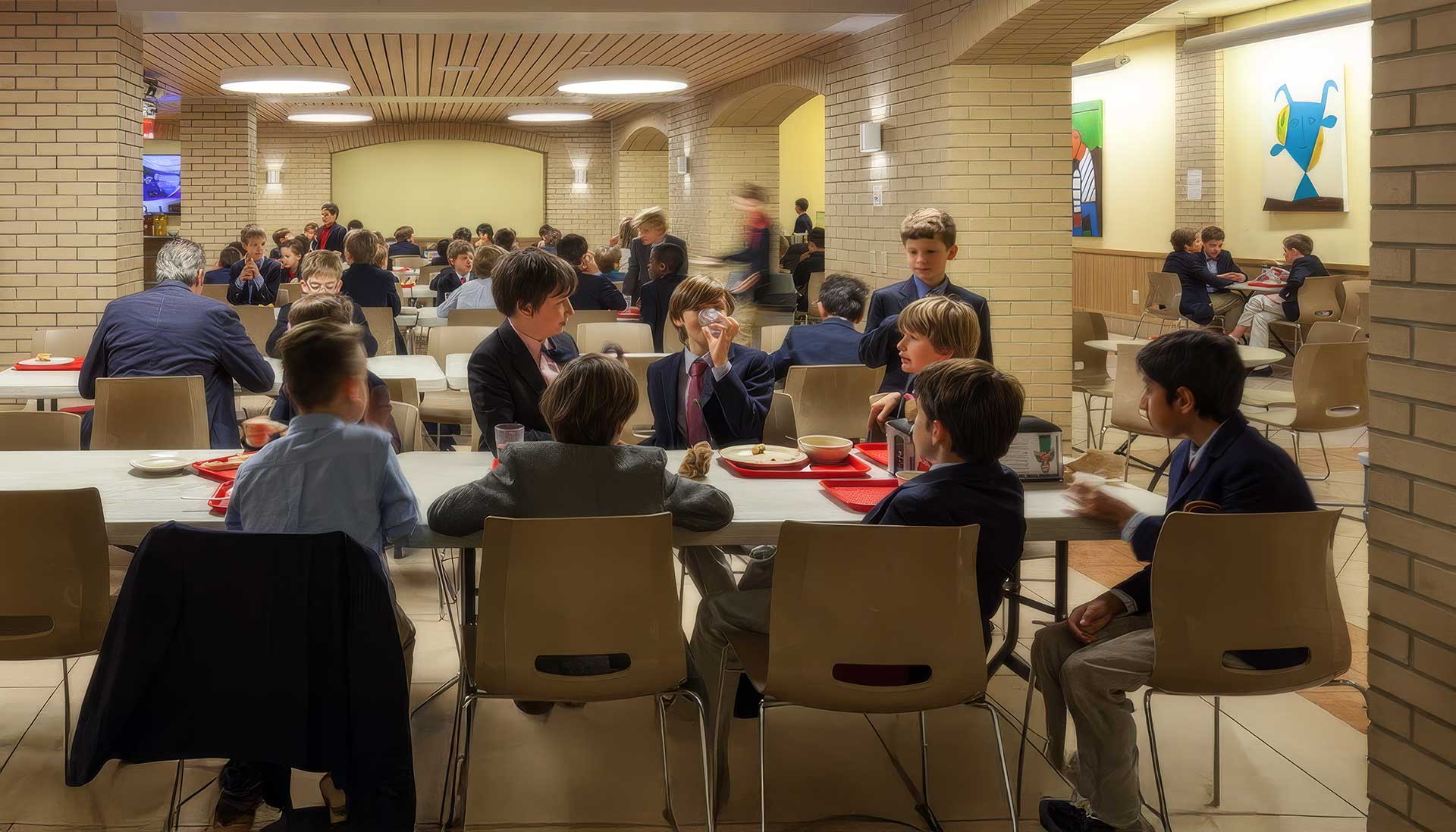 Young male students eating and conversing in dining hall